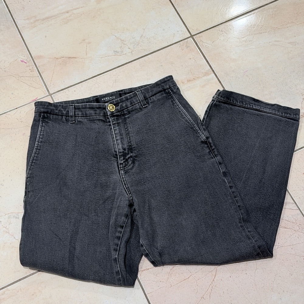 Versace Men's Size 33 Black Washed Denim Jeans Straight Leg Medusa Gold Italy